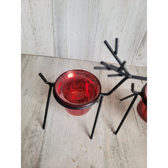 Reindeer red glass tealight candle holder Xmas home decor unique set - Picture 9 of 10